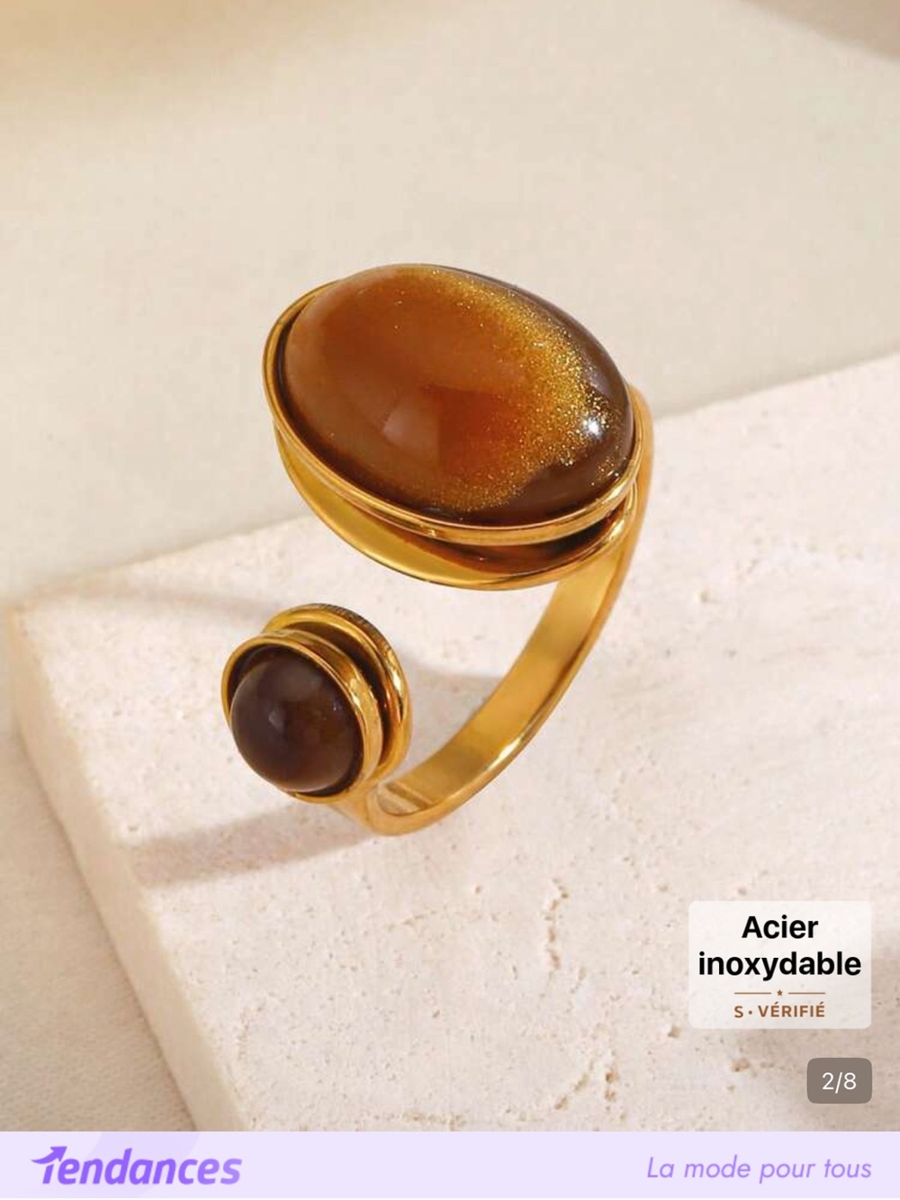 Gold-Tone Open Cocktail Ring with Amber Cabochons